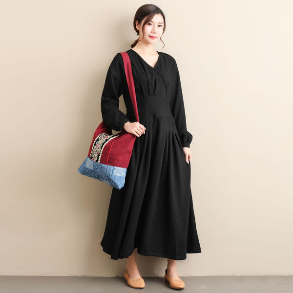 Women Modern Style Long Sleeved Wrinkle Linen and Fibre Dress