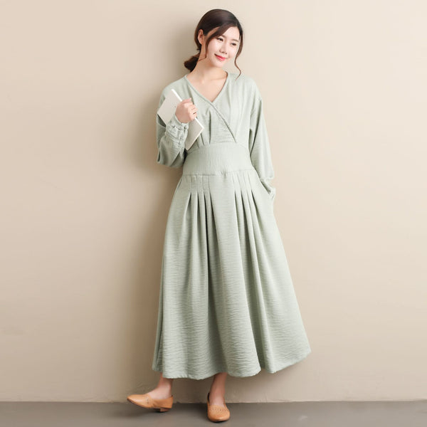 Women Modern Style Long Sleeved Wrinkle Linen and Fibre Dress