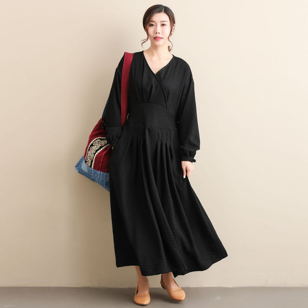 Women Modern Style Long Sleeved Wrinkle Linen and Fibre Dress