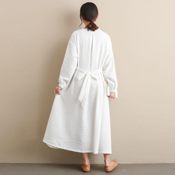 Women Modern Style Long Sleeved Wrinkle Linen and Fibre Dress