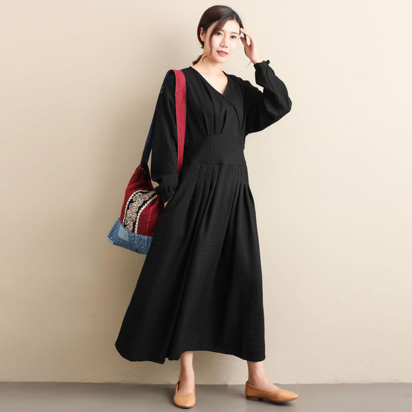 Women Modern Style Long Sleeved Wrinkle Linen and Fibre Dress