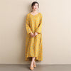 Women Simple Style Small Flower Printed Long Sleeved Linen and Cotton Thin Dress