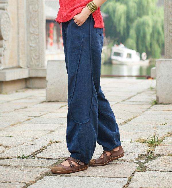 Women Retro Style Water-washed Linen and Cotton Straight Pants