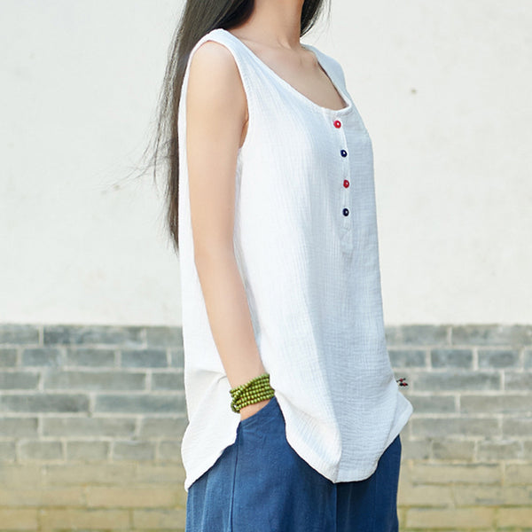 Simple New Style Women Cotton and Linen sleeveless summer thin loose vest style t-shirt with pocket and colorful button