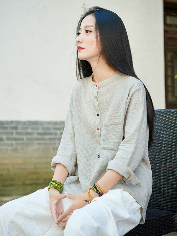 Pure Color Women Long Sleeve Linen Cardigan Blouses with rainbow color button