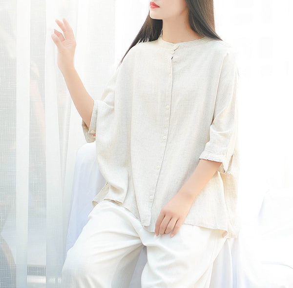 Simple Retro Style Linen and Cotton Pure Color Women Half Sleeve Linen Cardigan Blouses