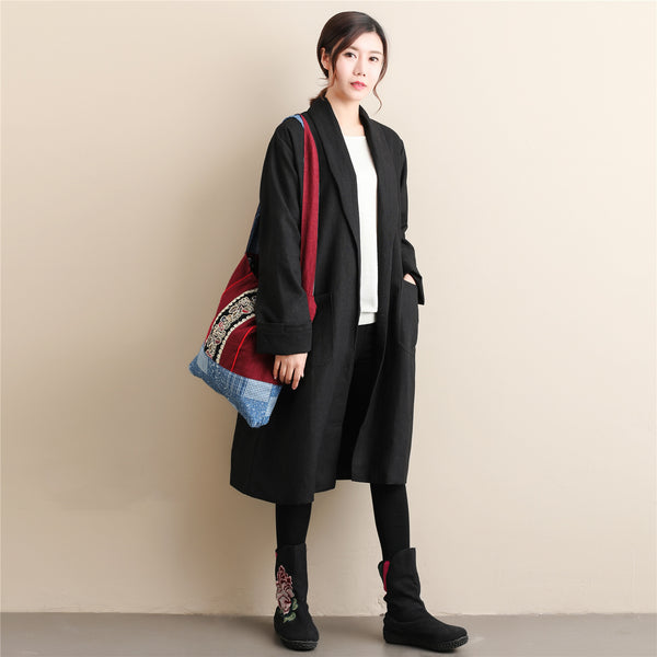 Women Simple Pure Color Linen and Cotton Coat