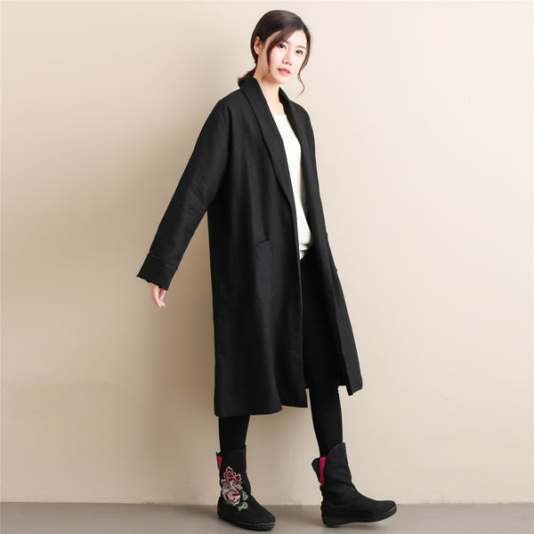 Women Simple Pure Color Linen and Cotton Coat