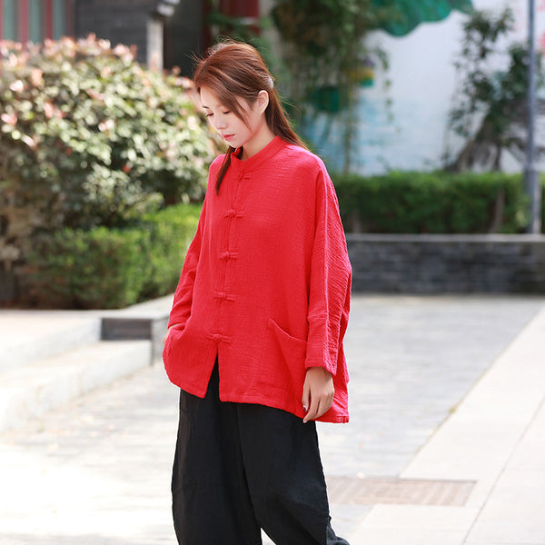 Loose Asian Style Women Linen and Cotton Long Sleeve Cardigan Shirt