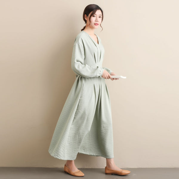 Women Modern Style Long Sleeved Wrinkle Linen and Fibre Dress