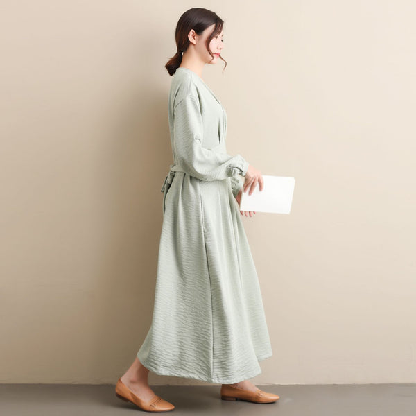 Women Modern Style Long Sleeved Wrinkle Linen and Fibre Dress