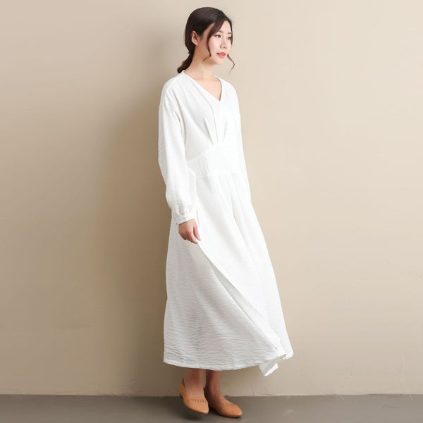 Women Modern Style Long Sleeved Wrinkle Linen and Fibre Dress