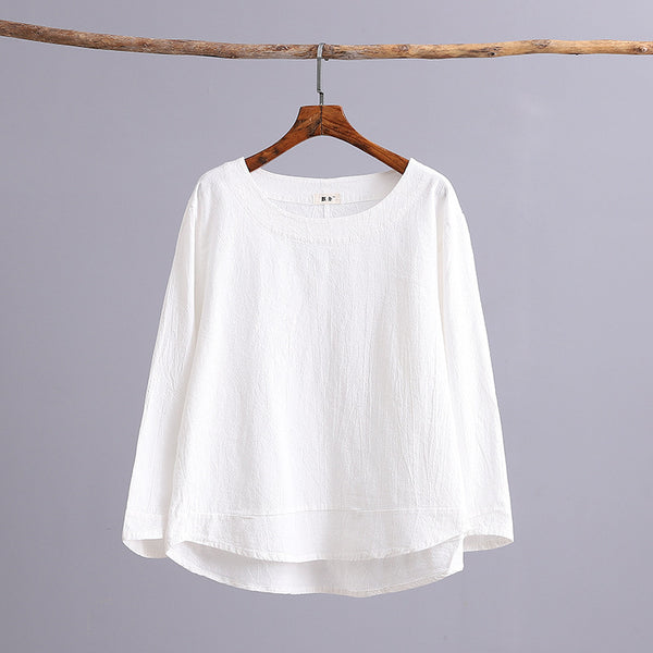 Simple Pure Color Women Linen and Cotton Long Sleeve Blouses