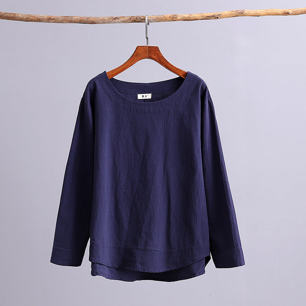 Simple Pure Color Women Linen and Cotton Long Sleeve Blouses