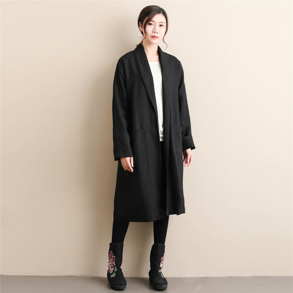 Women Simple Pure Color Linen and Cotton Coat