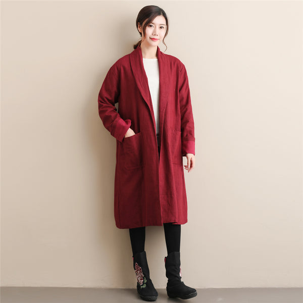 Women Simple Pure Color Linen and Cotton Coat