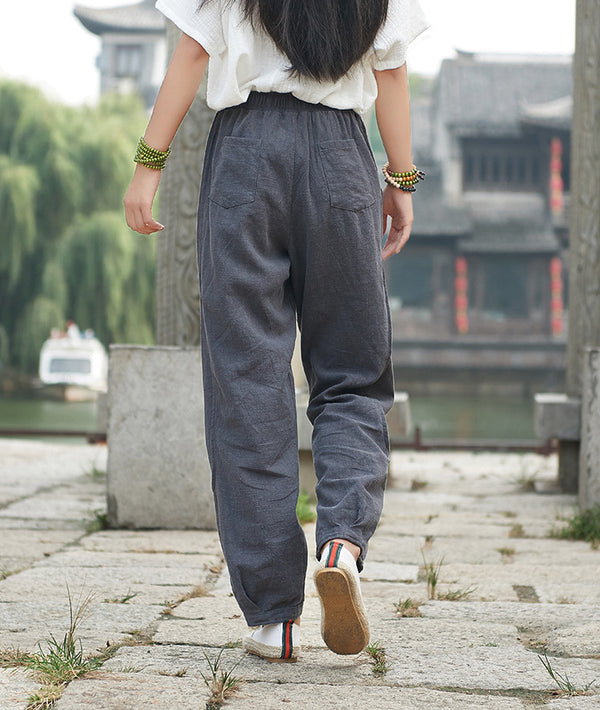 Women Retro Style Water-washed Linen and Cotton Straight Pants