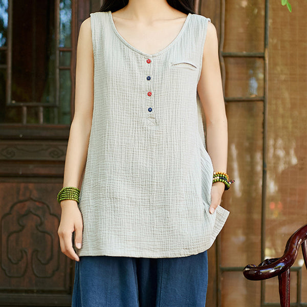 Simple New Style Women Cotton and Linen sleeveless summer thin loose vest style t-shirt with pocket and colorful button