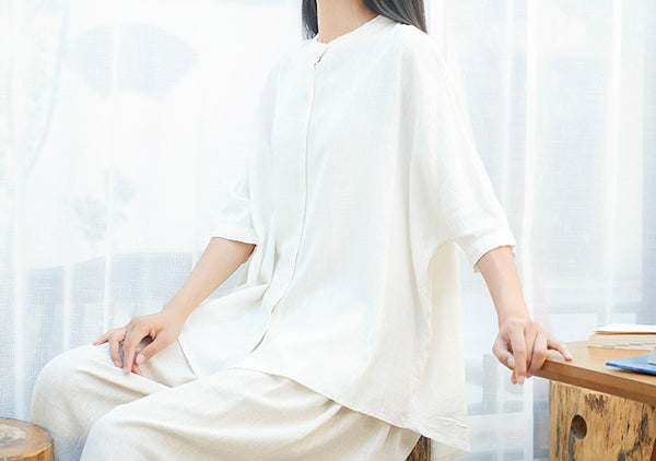 Simple Retro Style Linen and Cotton Pure Color Women Half Sleeve Linen Cardigan Blouses