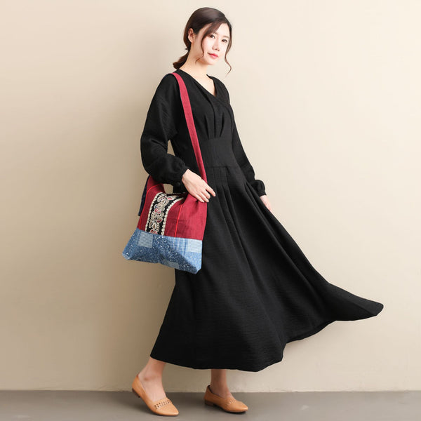 Women Modern Style Long Sleeved Wrinkle Linen and Fibre Dress