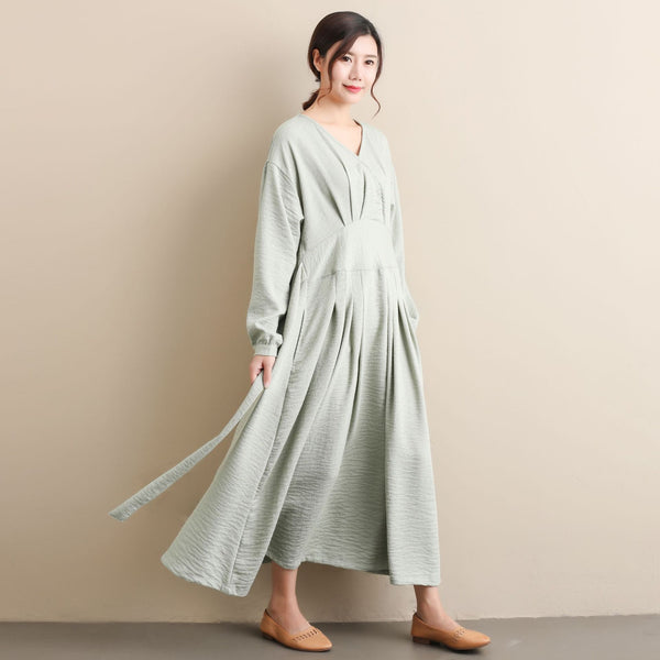 Women Modern Style Long Sleeved Wrinkle Linen and Fibre Dress