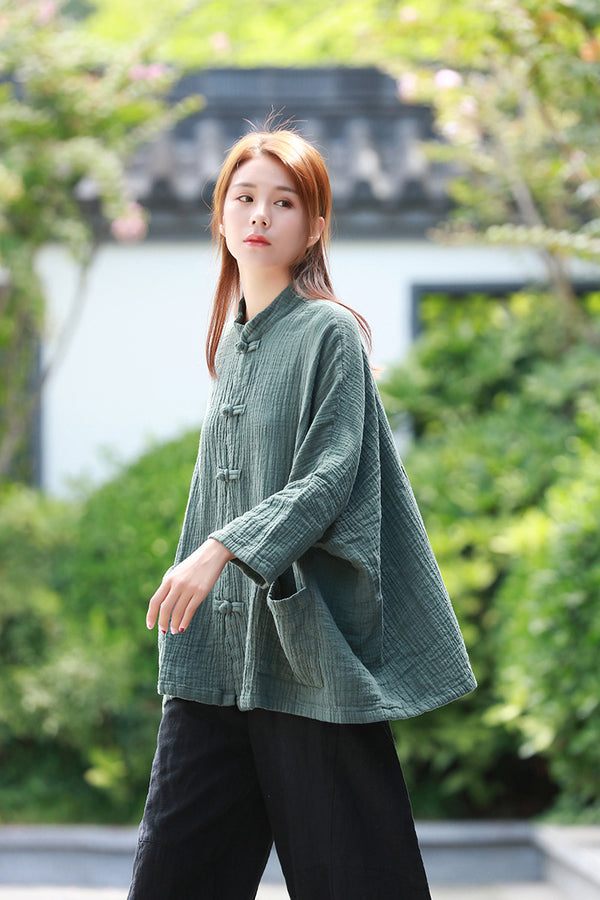 Loose Asian Style Women Linen and Cotton Long Sleeve Cardigan Shirt