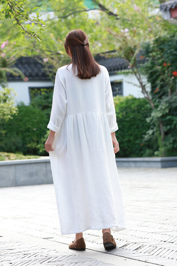 White Dress/ Maternity dress/ Linen Dress/ Summer Dress/ Tea Length Dress/ Casual dress/ High Waist Dress