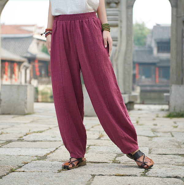 Women Retro Style Water-washed Linen and Cotton Lantern Pants