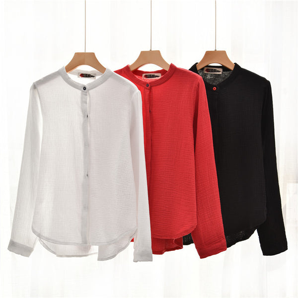 Simple New Style Linen and Cotton Pure Color Women Long Sleeve Linen Cardigan Blouses