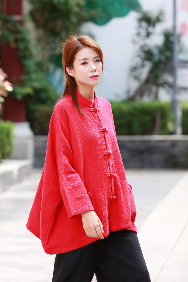 Loose Asian Style Women Linen and Cotton Long Sleeve Cardigan Shirt