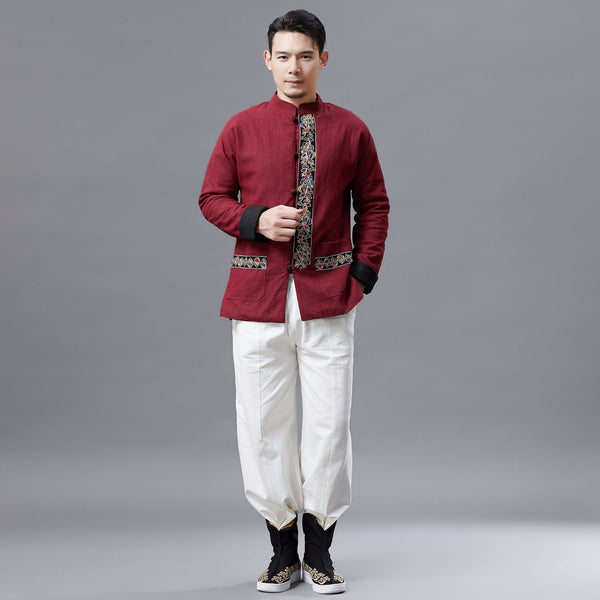 Men Asian Traditional Hanfu Style Men Linen Jacket (inner with velvet)