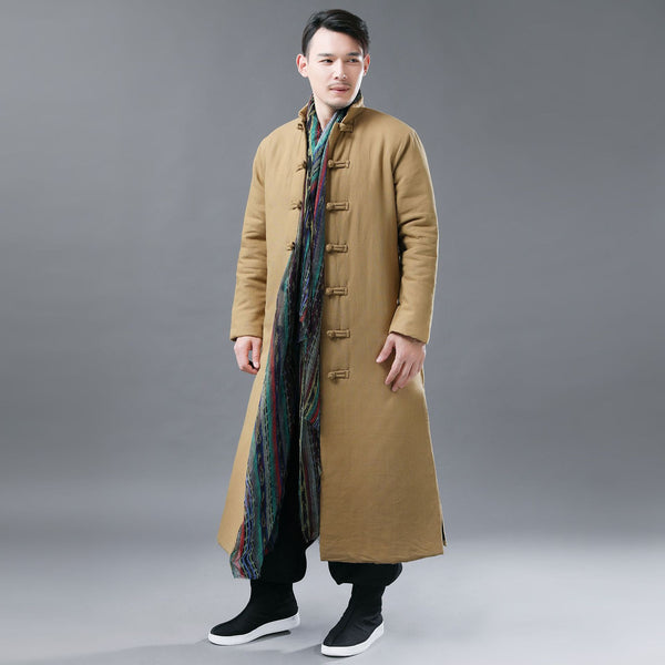 Men Asian Style Linen and Cotton Long Quilt Coat