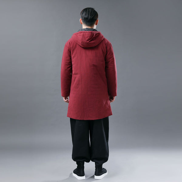 Men Colorful button Linen and Cotton Middle Length Coat Hoodie