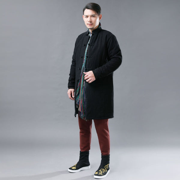 Men Asian KungFu Style Middle Length Linen and Cotton Quilted Coat