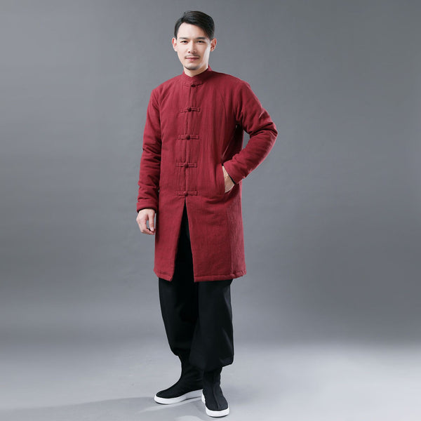 Men Asian KungFu Style Middle Length Linen and Cotton Quilted Coat