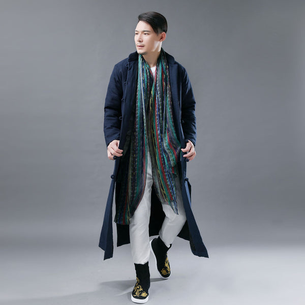Men Asian Style Linen and Cotton Long Quilt Coat