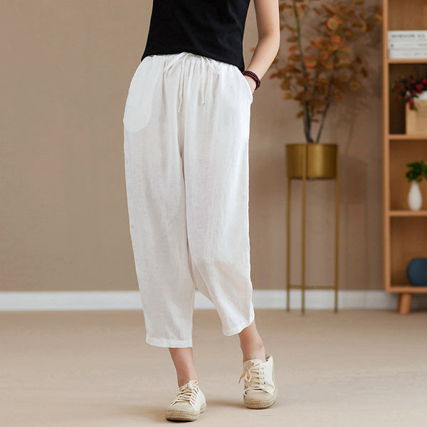 2022 Summer NEW! Women Causal Style Linen and Cotton Waist Belt Cropped Pegged Pants