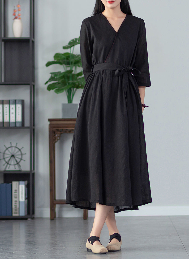 Summer NEW! Women Loose Linen and Cotton V-Necked Middle Sleeve Maxi Dress
