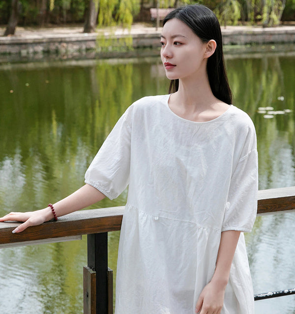 Women Loose Linen and Cotton Round Neck Middle Sleeve Dress