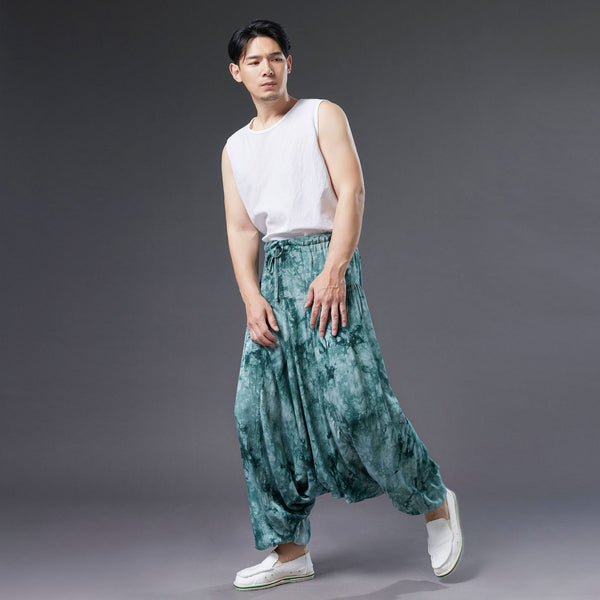 Men Retro Style Linen and Cotton Loose Dyed Color Drawstring Pants