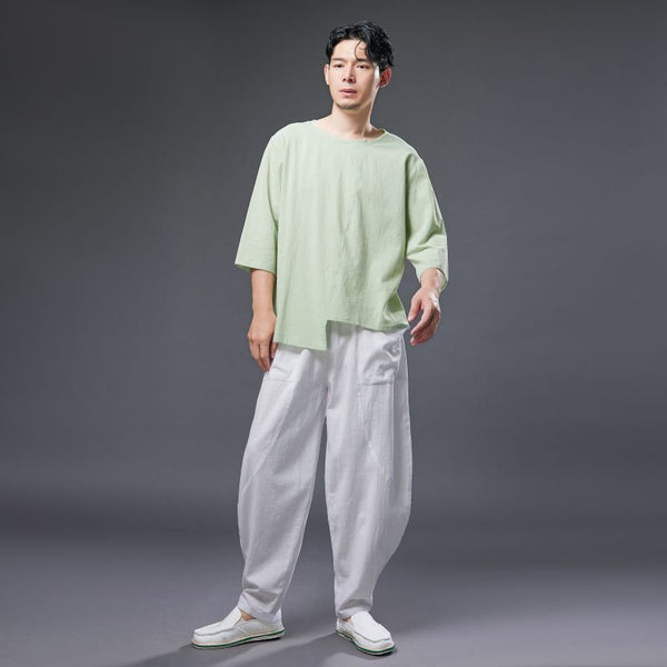 2022 Summer NEW! Men Pure Color Linen and Cotton Middle Sleeve T-Shirts