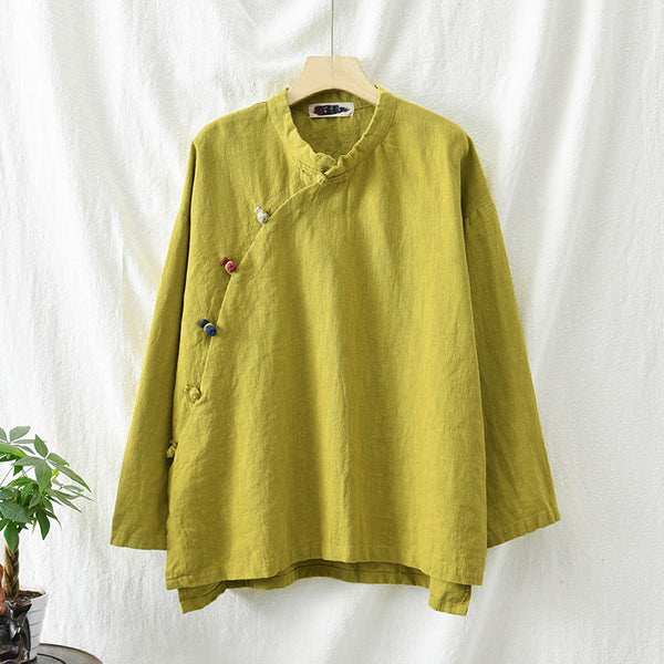 Women Round Collar Zen Style Linen and Cotton Long Sleeves Side Cardigan Shirt