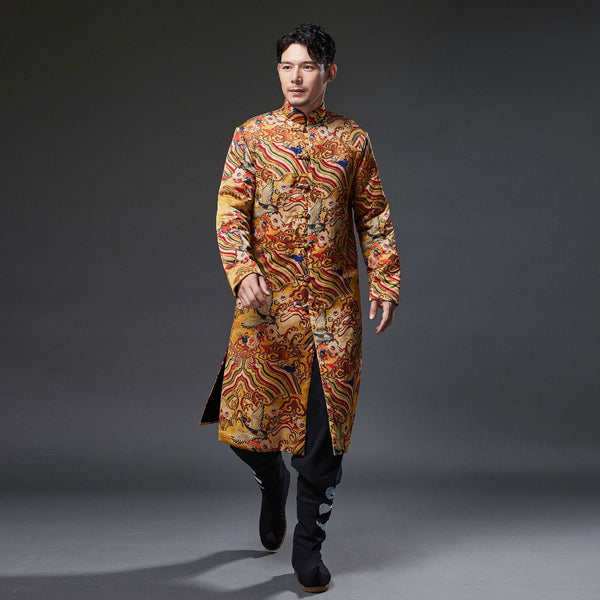 2021 Winter NEW! Men Retro Chinese Pattern Printed Linen and Cotton Quilted Tunic Type Coat