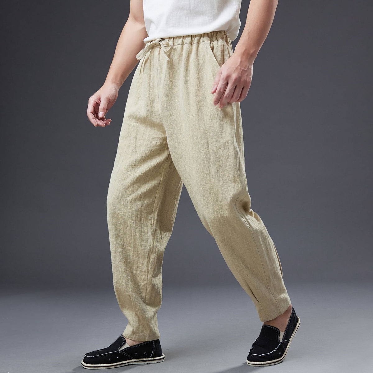 Summer NEW! Men Causal Style Linen and Cotton Drawstring Small Leg Pants