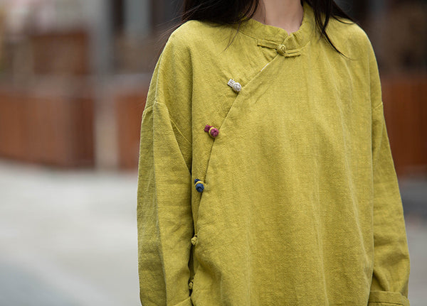 Women Round Collar Zen Style Linen and Cotton Long Sleeves Side Cardigan Shirt