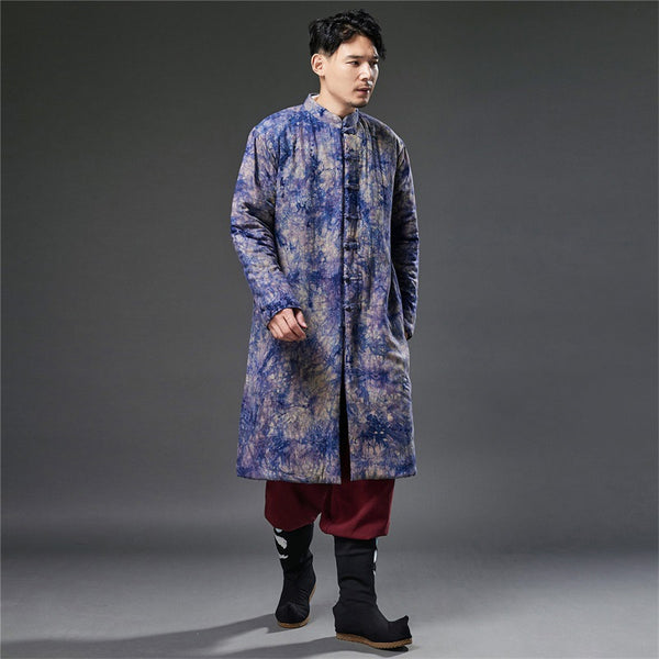 2021 Winter NEW! Men Retro Blue Dyed Linen and Cotton Quilted Tunic Type Coat