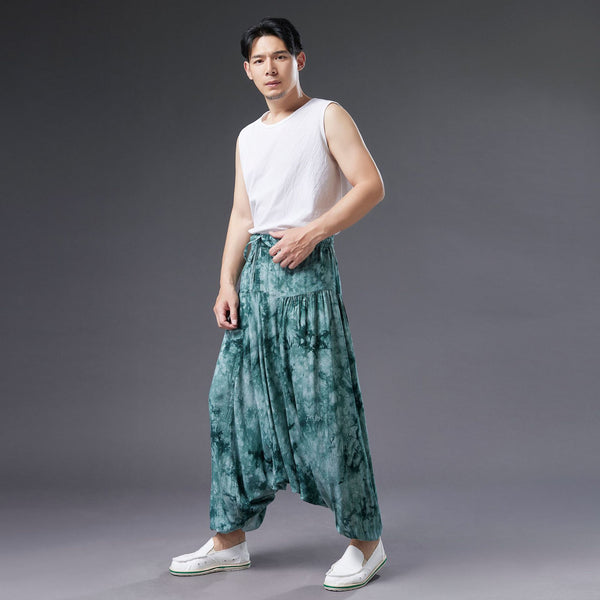 Men Retro Style Linen and Cotton Loose Dyed Color Drawstring Pants