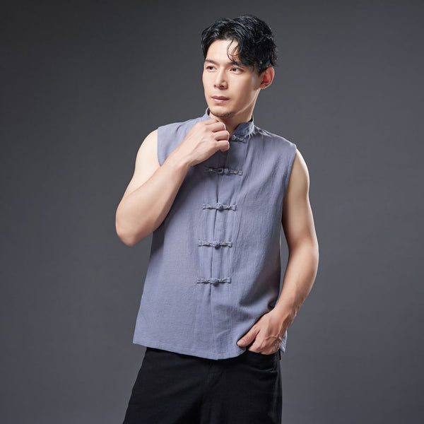 2022 Summer NEW! Men Ethnic Style Linen and Cotton Middle Buckle Vest