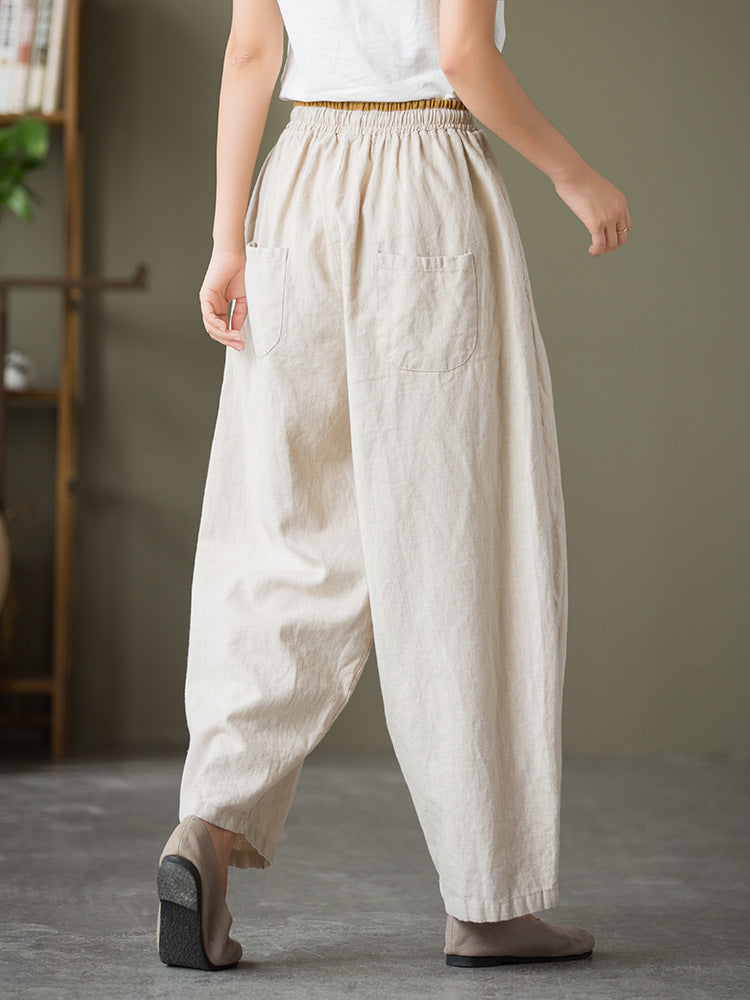 Autumn NEW! Women Lantern Style Linen and Cotton Causal Loose with Waist Belt Cropped Pants