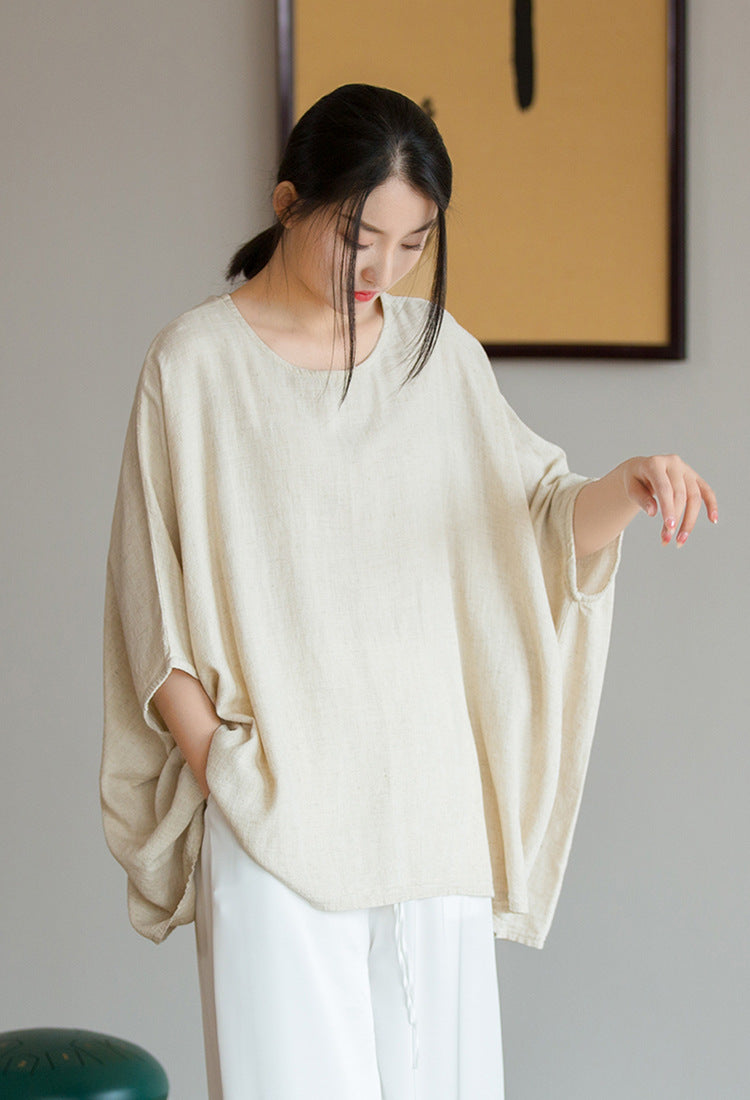 Summer NEW! Women Casual Style Linen and Cotton Long Loose Mid Sleeve T-Shirt